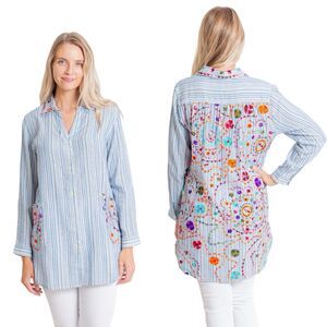 Anu Gauzy Top Womens XL Maria Embroidered Tunic Lagenlook Artsy Boho Hippie